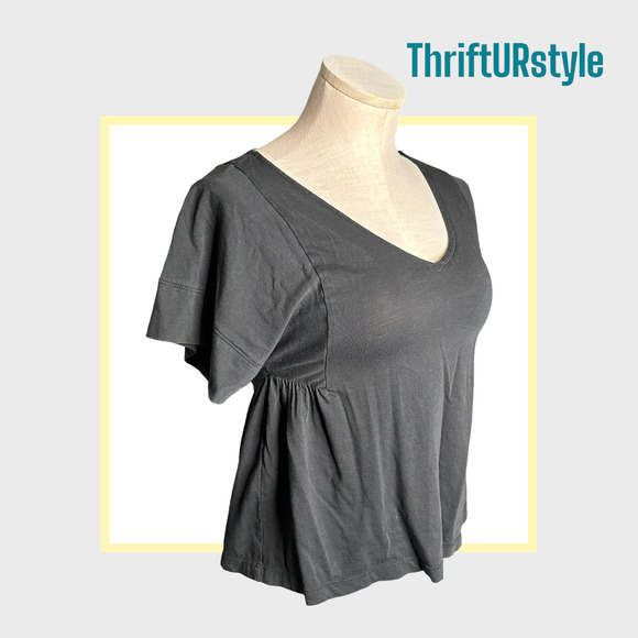 Black Babydoll Top V-Neck‎ Short Sleeve T-Shirt Flowy Casual Comfy - Picture 6 of 9